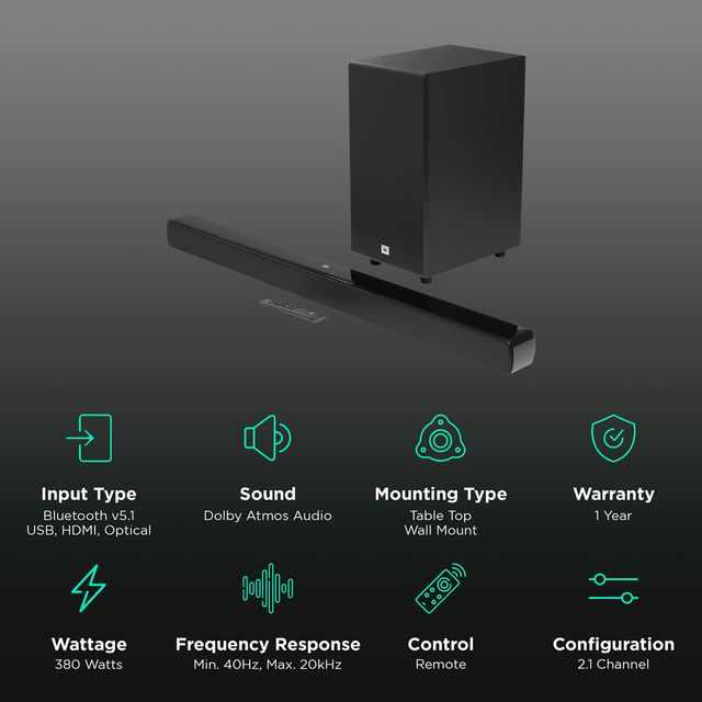 Buy JBL Cinema SB190 380W Bluetooth Soundbar with Remote (Dolby Atmos ...
